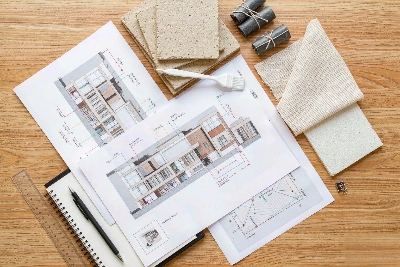 Desk covered with product samples, printed comparison tables and a notebook