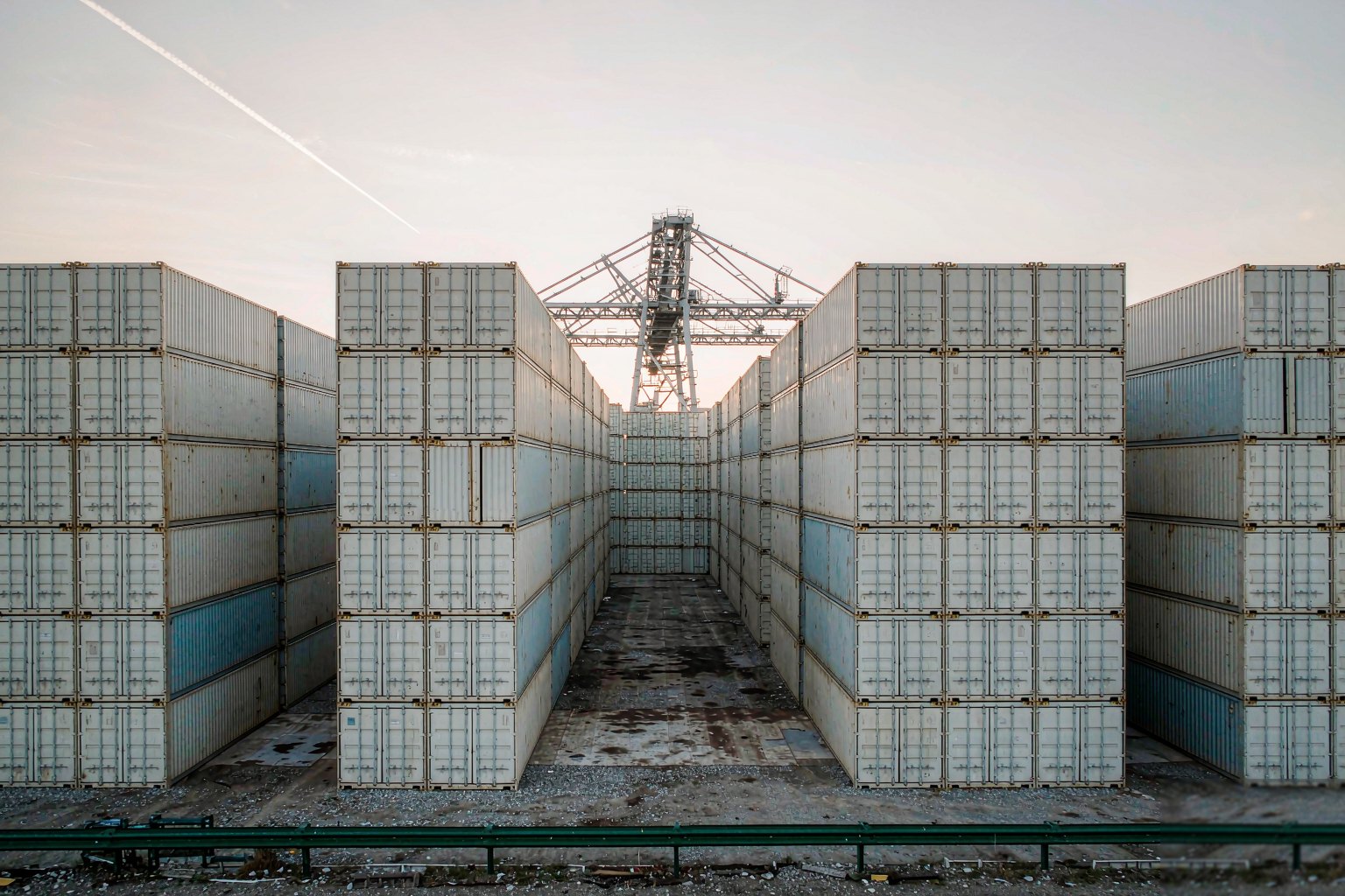 Stacked shipping containers at a freight terminal