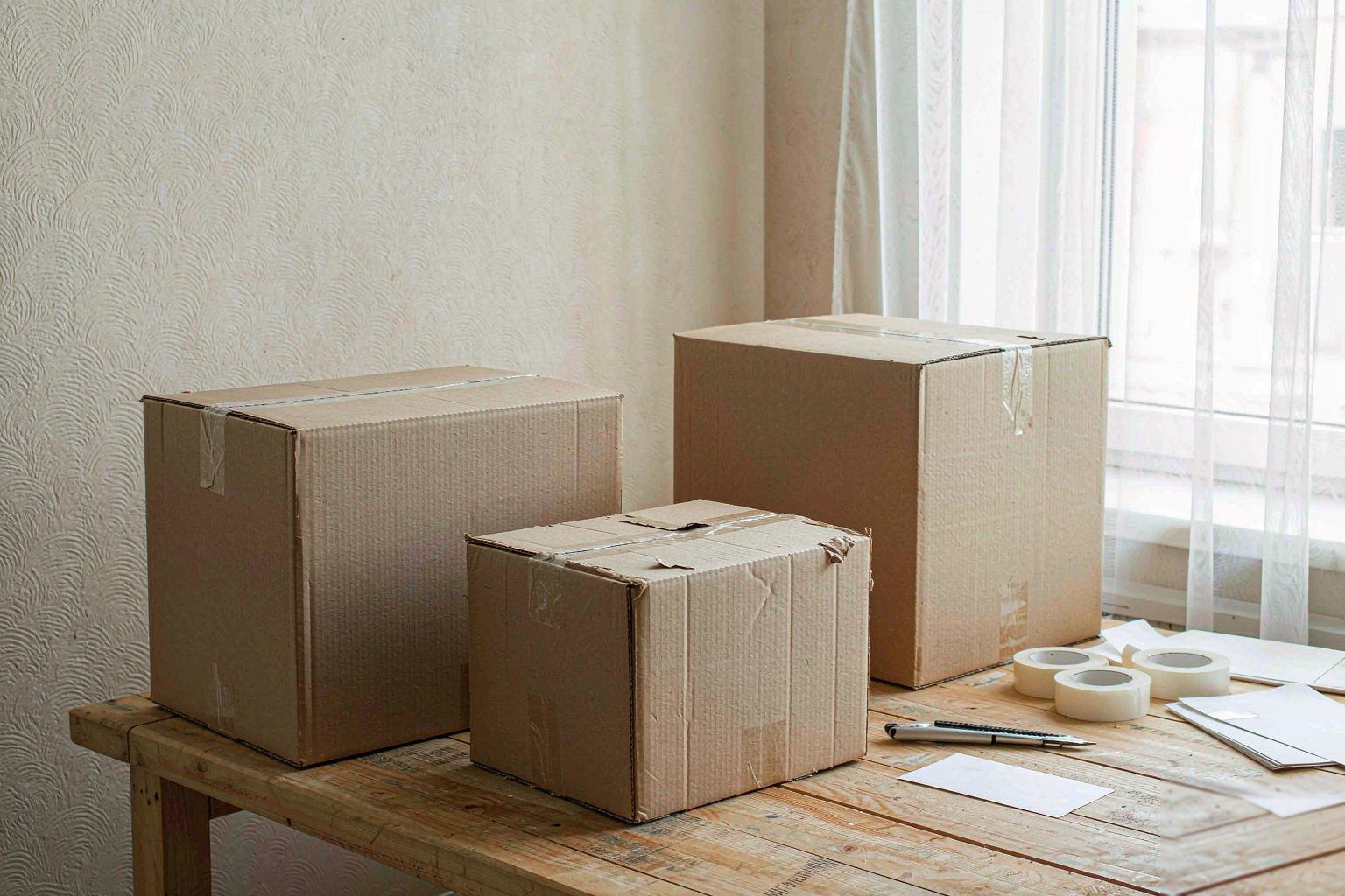 Plain cardboard cartons and printed shipping labels on a bench
