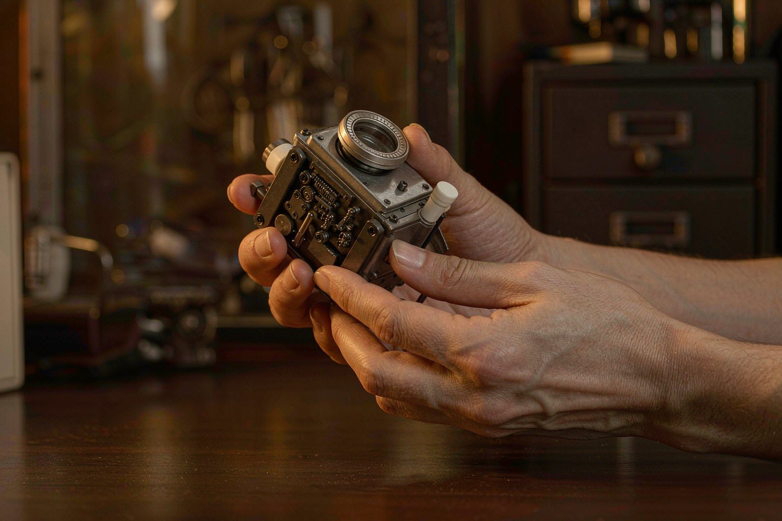 Hands examining a product sample under bright workshop lighting