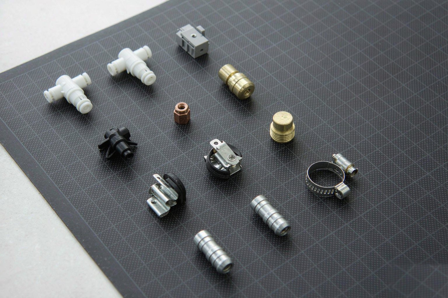 Consumer electronics components arranged on a bench