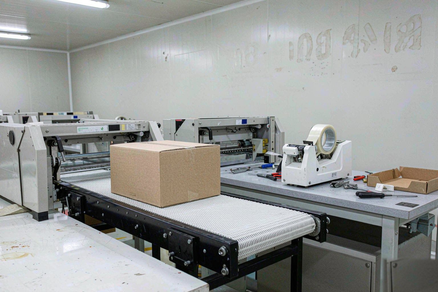 Packing station with cartons moving along a conveyor